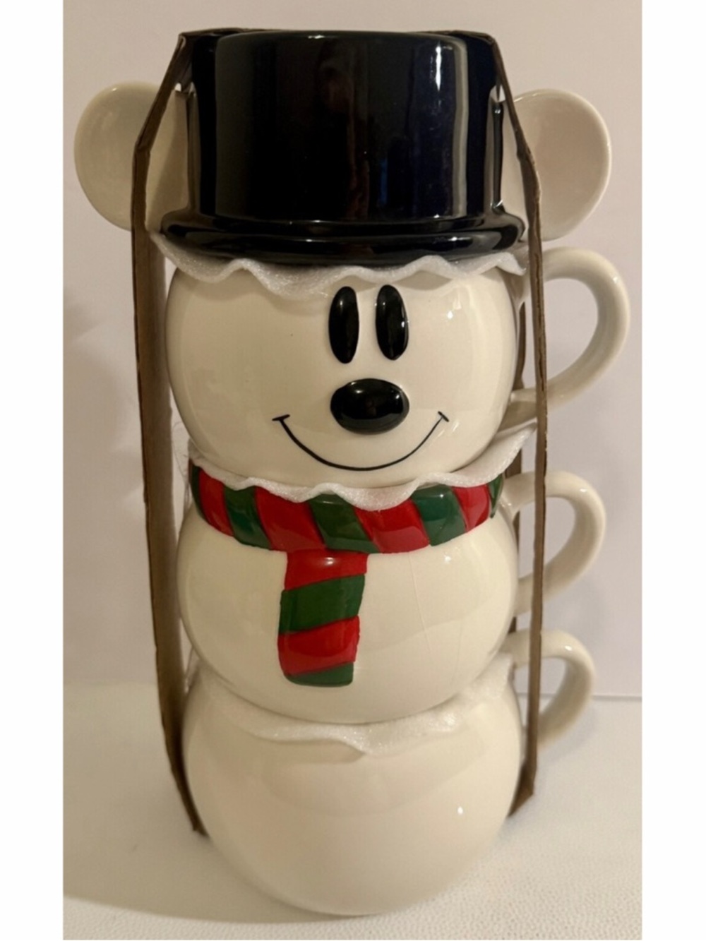 Disney Mickey Mouse Snowman Stacking Mug Set 3 Ceramic Holiday Christmas Mugs